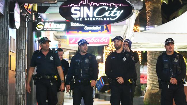 Police on patrol in Surfers Paradise — the Coast is a unique policing coal face. Picture Glenn Hampson.