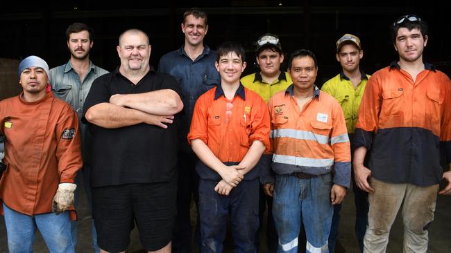 Mervin Brutas, Damian Goitiandia, owner Paul Carta, Evan Copley, Justin Roveglia, Preston Pershouse, Ricardo Abarico, Jake Marinoni and Brodie Macarone of Ingham-based Carta &amp; Co, the largest manufacturer of cane transporters in Australia. Picture: Cameron Bates