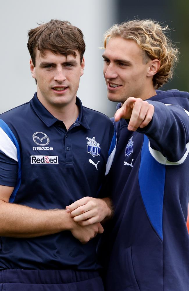 Young Roos George Wardlaw and Charlie Lazzaro. Picture: Dylan Burns/AFL Photos