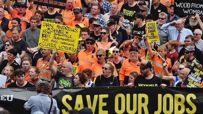 Heyfield Mill workers marching over the mill closure and loss of jobs. Picture: Jason Edwards