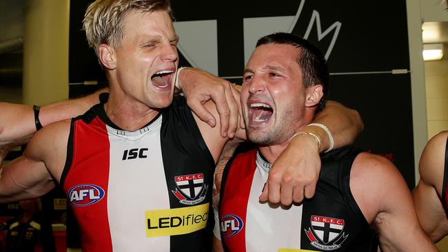 Nick Riewoldt has passed on the captaincy to Jarryn Geary. Picture: Colleen Petch