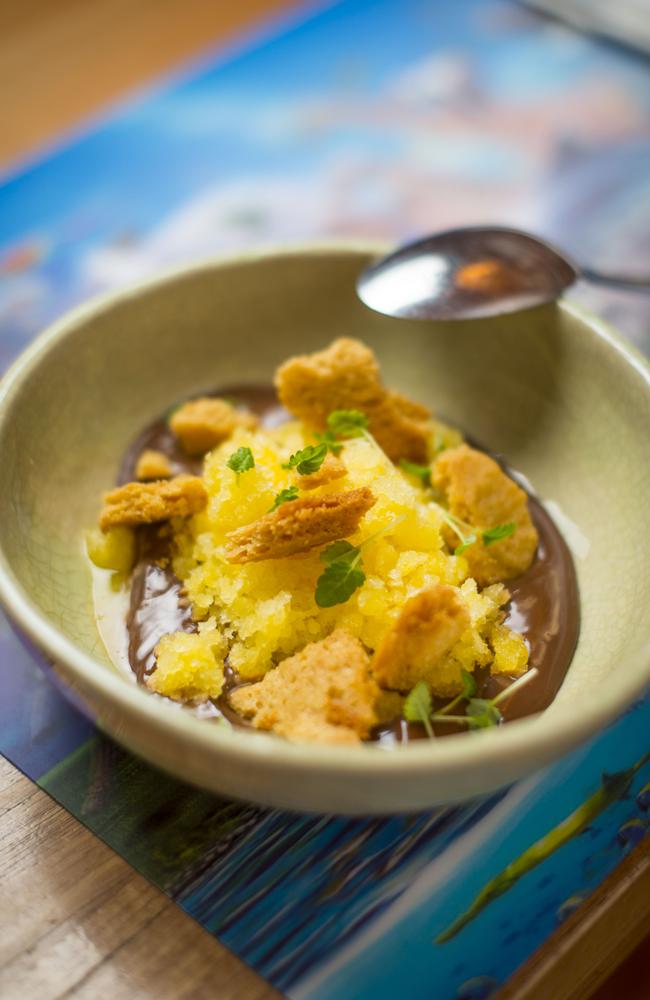 Chocolate dulce leche with orange granita.