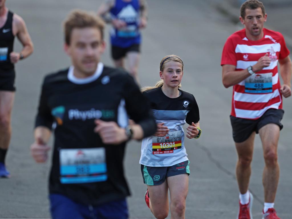 Runners make their way up Davey Street during the 2019 Point to Pinnacle. Picture: LUKE BOWDEN