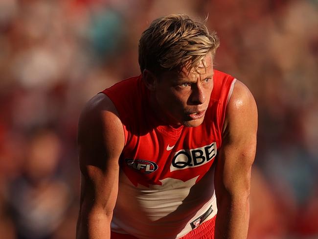 SYDNEY, AUSTRALIA - JUNE 29: Isaac Heeney of the Swans looks on during the round 16 AFL match between Sydney Swans and Fremantle Dockers at SCG on June 29, 2024 in Sydney, Australia. (Photo by Jason McCawley/AFL Photos/via Getty Images)