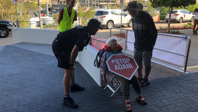 Barb Nielsen protesting outside Townsville’s Adani office.