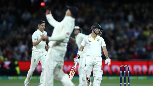 Chris Woakes gets the wicket of David Warner.