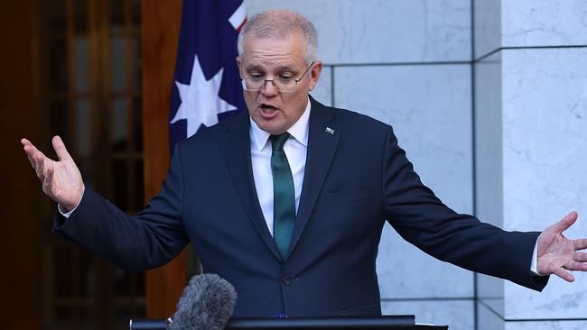 Prime Minister Scott Morrison speaks to the media yesterday. Picture: NCA NewsWire / Gary Ramage