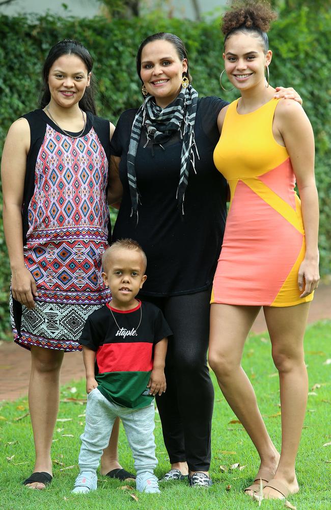 Quaden’s mother Yarraka (centre) and his sisters Yilan and Guyala. Picture: Jono Searle