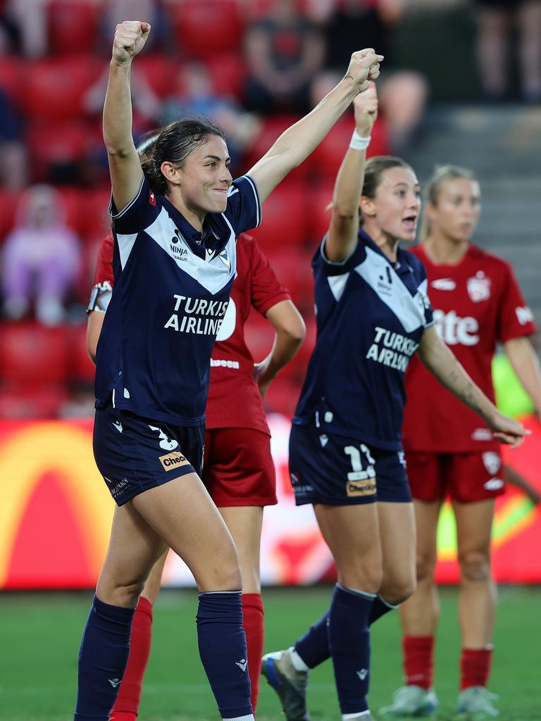 ADELAIDE, AUSTRALIA – MAY 04: Claudia Bunge of Melbourne Victory celebrates her second goal during the First Leg of the A-League Women's Semi Final between Adelaide United and Melbourne Victory at Coopers Stadium, on May 04, 2025, in Adelaide, Australia. (Photo by Sarah Reed/Getty Images)