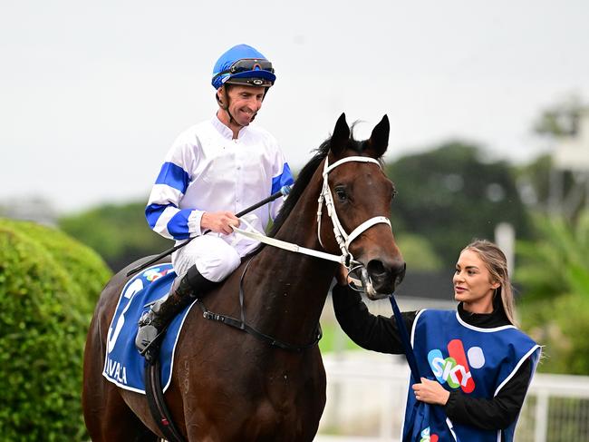 Kovalica wins the Queensland Guineas for trainer Chris Waller and jockey Nash Rawiller. Picture: Grant Peters, Trackside Photography, ,