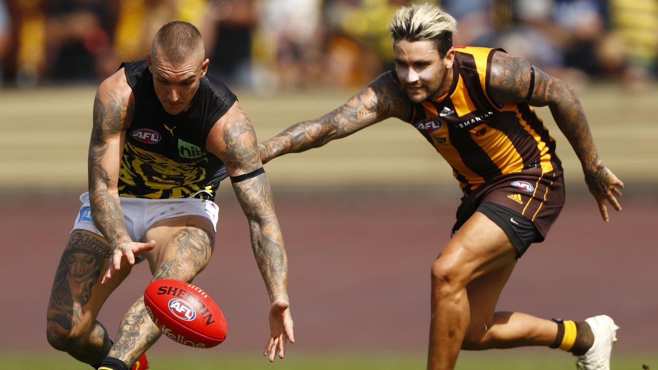 Dustin Martin goes head-to-head with Hawk Chad Wingard on Saturday. Picture: Dylan Burns/AFL Photos