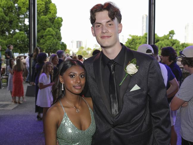 Tenisha Naidoo and Mackenzie Hall at the Coomera Anglican College Formal at HOTA. Picture: Marcelo Lang.