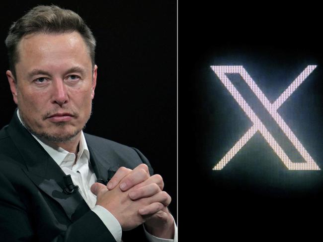 (FILES) (COMBO) This combination of pictures created on October 10, 2023, shows (L) SpaceX, X and electric car maker Tesla CEO Elon Musk in Paris, on June 16, 2023 and (R) the new Twitter logo rebranded as X, pictured on a screen in Paris on July 24, 2023. Elon Musk said X was hit by a 