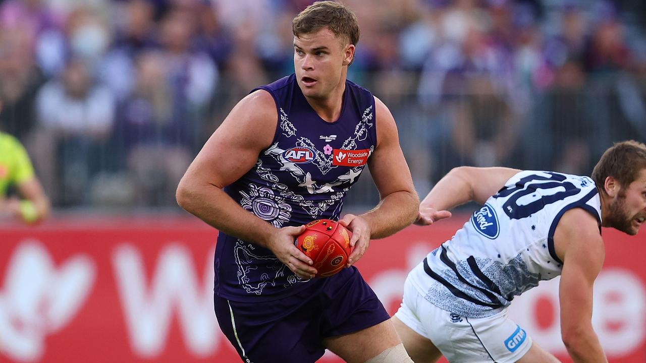 PERTH, AUSTRALIA - MAY 20: Sean Darcy of the Dockers in action during the round 10 AFL match between Walyalup/Fremantle Dockers and Geelong Cats at Optus Stadium, on May 20, 2023, in Perth, Australia. (Photo by Paul Kane/Getty Images)