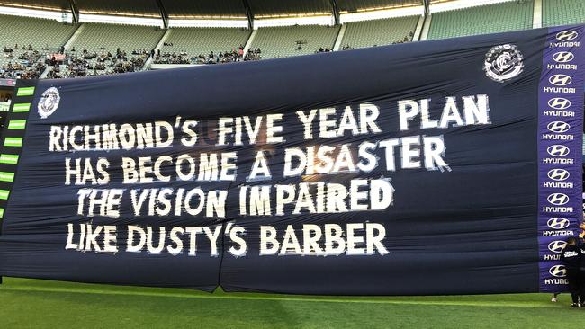 Carlton’s banner poked fun at Dustin Martin and then he was best on ground. Picture: Wayne Ludbey