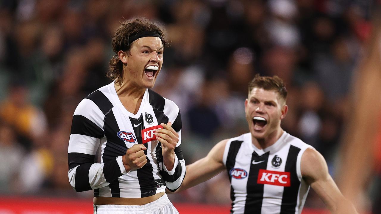 MELBOURNE . 15/04/2023. AFL . Round 5. Gather Round. Collingwood vs St Kilda at the Adelaide Oval. Jack Ginnivan of the Magpies celebrates a 4th quarter goal . Pic: Michael Klein