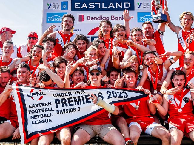 EFNL: Warrandyte under-19 team celebrates grand final win in 2023. Picture: Field of View Photography