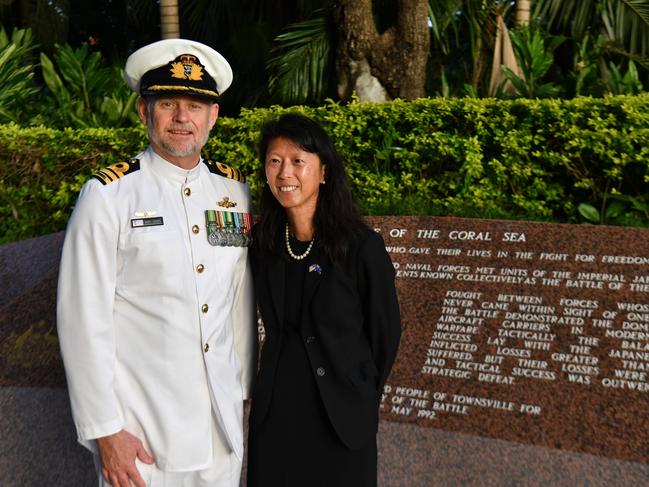 Dawn Service at Anzac Park for 83rd commemoration of Battle of Coral Sea. Commander Andrew Thorpe with U.S. Consulate General Sydney head of public affairs Li Ping Lo. Picture: Evan Morgan