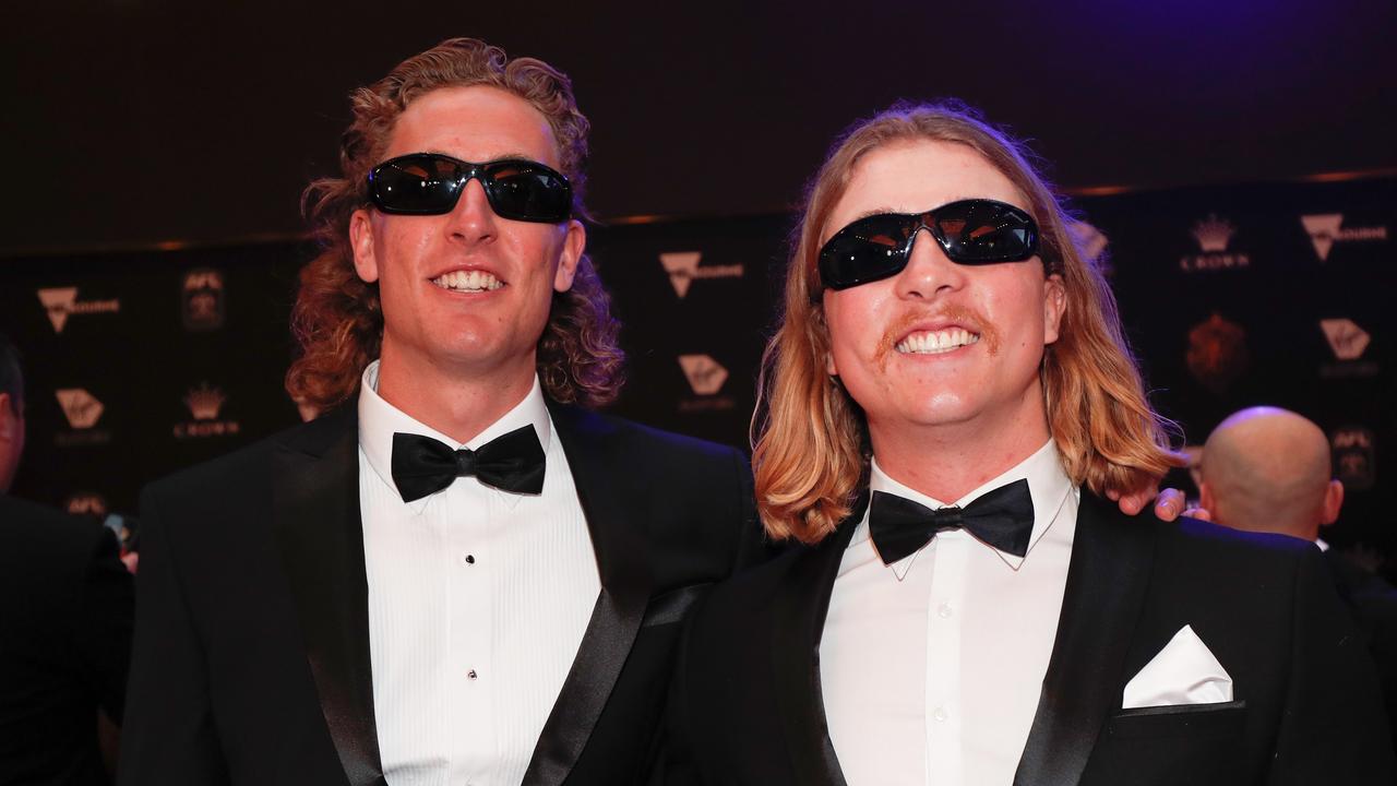 MELBOURNE, AUSTRALIA - SEPTEMBER 18: Aaron Naughton of the Bulldogs and housemate Ethan McAleese pose during the 2022 Brownlow Medal at Crown Palladium on September 18, 2022 in Melbourne, Australia. (Photo by Michael Willson/AFL Photos via Getty Images)
