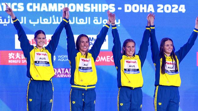 : Gold Medalists, Iona Anderson, Abbey Harkin, Brianna Throssell and Shayna Jack (Photo by Adam Nurkiewicz/Getty Images)