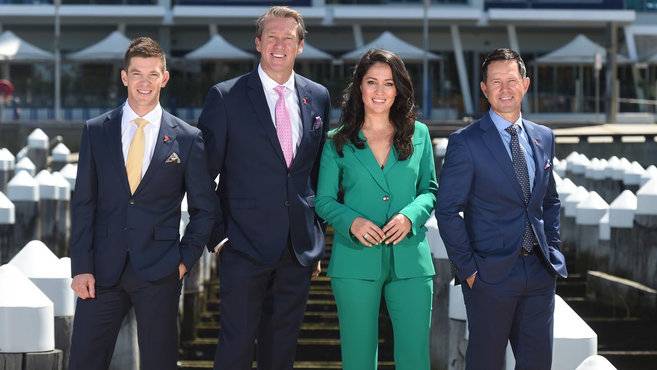 Channel 7 cricket commentators Tim Paine, Glenn McGrath, Mel McLaughlin and Ricky Ponting. Picture: Tony Gough