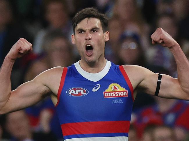 MELBOURNE, AUSTRALIA - AUGUST 18: Sam Darcy of the Bulldogs celebrates kicking a goal during the round 23 AFL match between Western Bulldogs and North Melbourne Kangaroos at Marvel Stadium, on August 18, 2024, in Melbourne, Australia. (Photo by Daniel Pockett/Getty Images)