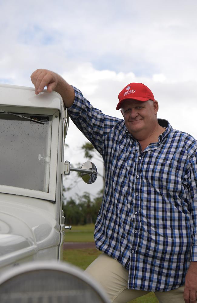 Variety NT General Manger Michael Kerr with a 1934 Ford pick-up that will be featured in the 2023 Darwin Ute Run which supports kids with disability to attend Freedom Camp. Picture: (A)manda Parkinson