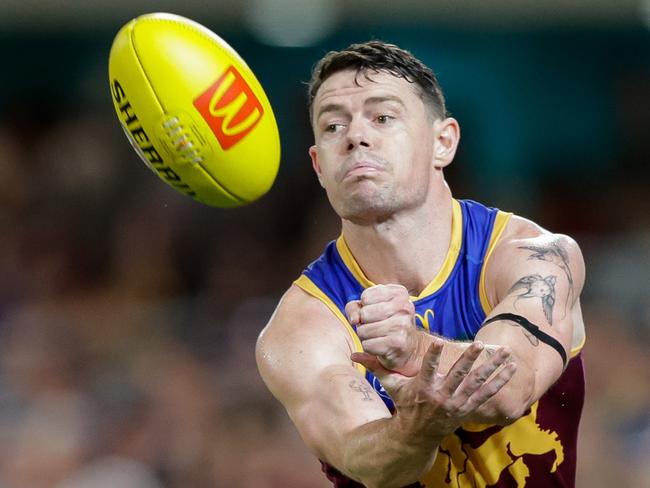 BRISBANE, AUSTRALIA - MARCH 08: Lachie Neale of the Lions in action during the 2024 AFL Opening Round match between the Brisbane Lions and the Carlton Blues at The Gabba on March 08, 2024 in Brisbane, Australia. (Photo by Russell Freeman/AFL Photos via Getty Images)