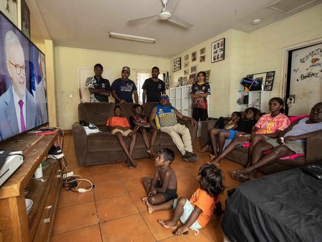 23-03-2023 - Phillip Goodman and his family watch Anthony Albanese on television announce the wording for the voice constitution from their home in 15 Mile Community on the outskirts of Darwin. Picture: Liam Mendes