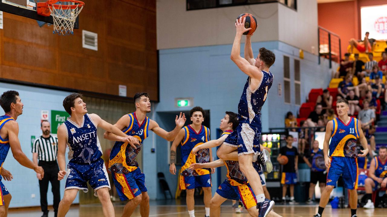 James Toohey with a jumpshot in the paint. Darwin Basketball Men's Championship Round 20: Ansett v Tracy Village Jets. Picture: Che Chorley