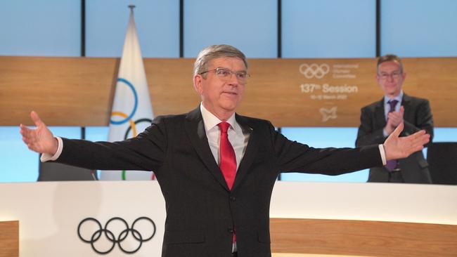 IOC president Thomas Bach reacting after he was re-elected. Picture: AFP