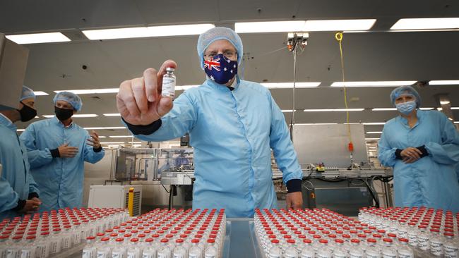 Former prime minister Scott Morrison visits the CSL vaccine manufacturing facility in Melbourne in 2021. (Photo by David Caird-Pool/Getty Images)