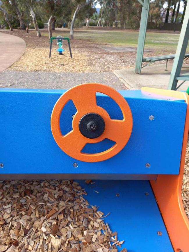 The steering wheel on the play car that the fork was attached to. Picture: Supplied