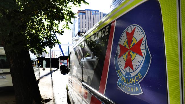 MELBOURNE, AUSTRALIA - NewsWire Photos, JANUARY 20, 2022. An Ambulance on standby at the Royal Melbourne Hospital as the hospital system in Victoria remains stretched under a code brown. Picture: NCA NewsWire / David Crosling