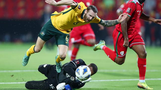 The Socceroos were awarded a penalty when Martin Boyle was fouled in the box by Faiyz Issa Al Rusheidi. (Photo by Adil Al Naimi/Getty Images)