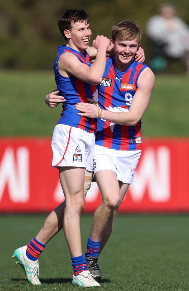 Finn O’Sullivan celebrates a goal with Tom Gross during the 2024 Coates Talent League preliminary final. Picture: Rob Lawson/AFL Photos.