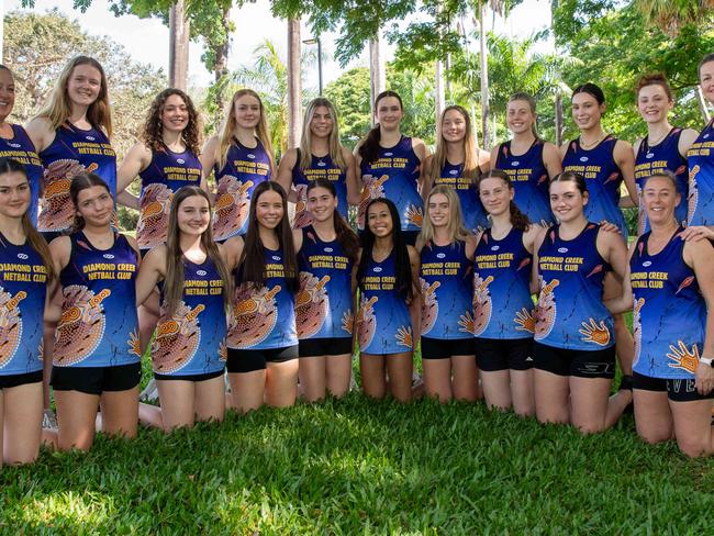 Top (L-R) Stacey Gannon(coach), Izzy Clarke, Zali Lawrence, Siaan Dunkcan, Jess Hoffman, Mia DÃArcenglo, Ally Pilakis Keeley Mighall, Izzy Brennan, Sienna Beddoe, Lauren Pilakis(coach) and Bottom (L-R) Alis Stocco, Georgia Stadus, Gemma Attard, Charlotte Aggett, Abi Baldwin, Malaika Baya, Bonnie Brown, Eliza Sadler, Ashton Simmons, Brooke George (coach) from Melbourne's Diamond Creek Netball Club are spending their school holidays experiencing netball in the NT and creating memories along the way. Picture: Pema Tamang Pakhrin