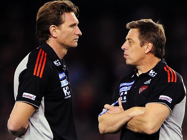 Essendon v Gold Coast Suns. Etihad Stadium. James Hird and Mark Thompson before the game