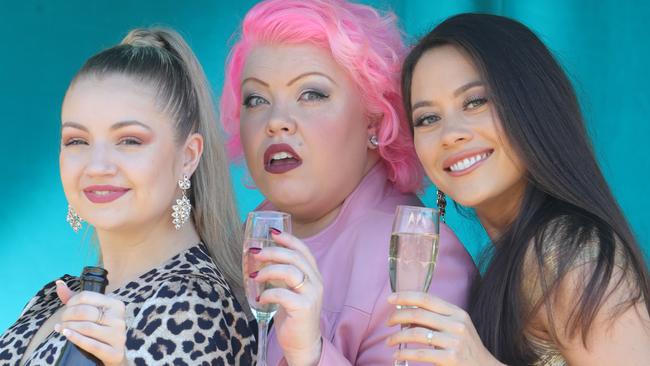 Getting ready to perform at HOTA's first annual HOME festival are the Unreal real housewives of the Gold Coast, from left, Emily Monsma, Charne Louise, and Antonia Marr. Picture Glenn Hampson