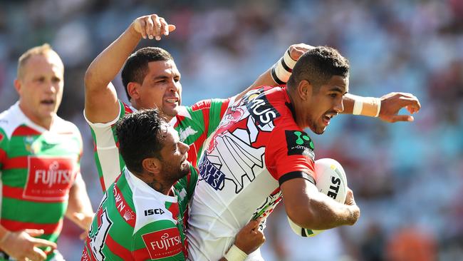 Dragons winger Nene Macdonald tries to break through the Rabbitohs defence. Picture: Brett Costello