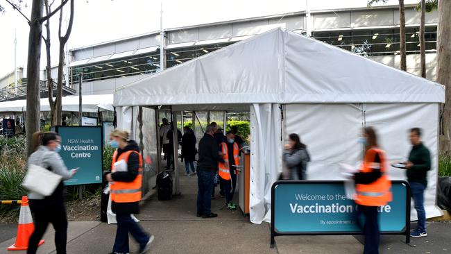 The registration kiosks outside at a mass COVID-19 vaccination hub in Sydney. Picture: NCA NewsWire/Joel Carrett