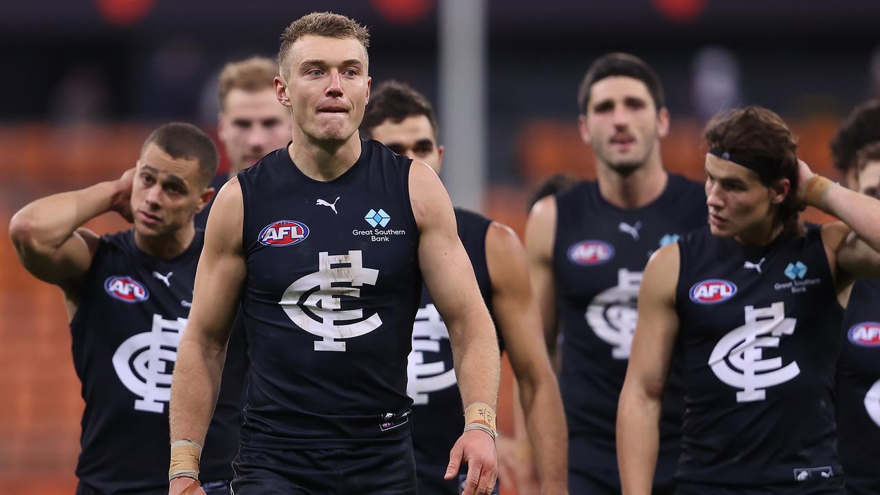 Patrick Cripps (middle) will be Carlton’s sole captain this year, with Sam Walsh (left) and Jacob Weitering as vice-captains. Picture: Andrew Henshaw