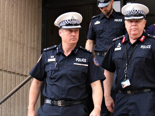 Superintendent Jody Nobbs outside court with Deputy Commissioner Murray Smalpage. Picture: Jason Walls