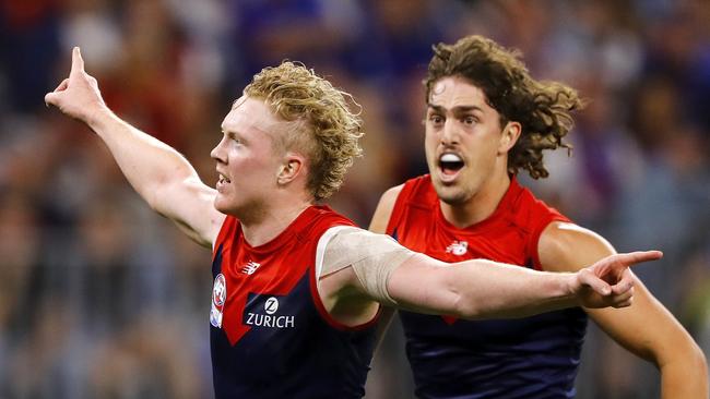 Clayton Oliver celebrates a goal during last year’s Grand Final.