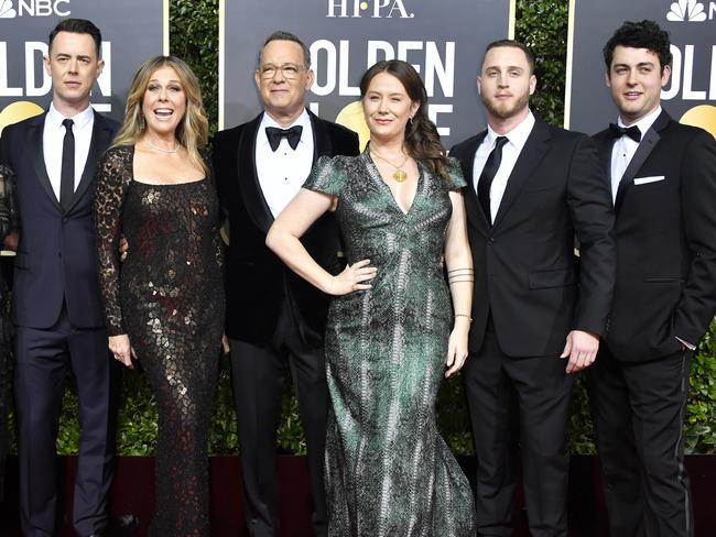 Hanks shares sons Chet and Truman (both right) with actress Rita Wilson. E.A and Colin (left) are his kids from his first marriage. Picture: Frazer Harrison/Getty Images