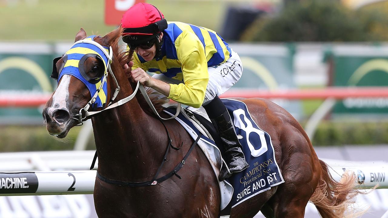 SYDNEY, AUSTRALIA - APRIL 11: Jason Collett rides Sure And Fast to win race 3, The Provincial Championship Final, during The Championships at Royal Randwick Racecourse on April 11, 2015 in Sydney, Australia. (Photo by Anthony Johnson/Getty Images)