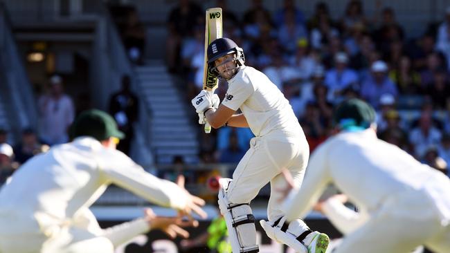 England’s Dawid Malan watches as Australia’s Cameron Bancroft and captain Steve Smith miss a slips catch at the WACA yesterday Picture: AAP.