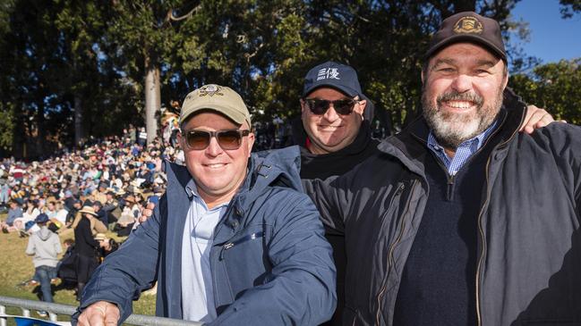 Watching the O'Callaghan Cup are (from left) Andrew Tate, David Russell and Barry O'Sullivan on Grammar Downlands Day at Toowoomba Grammar School, Saturday, August 19, 2023. Picture: Kevin Farmer