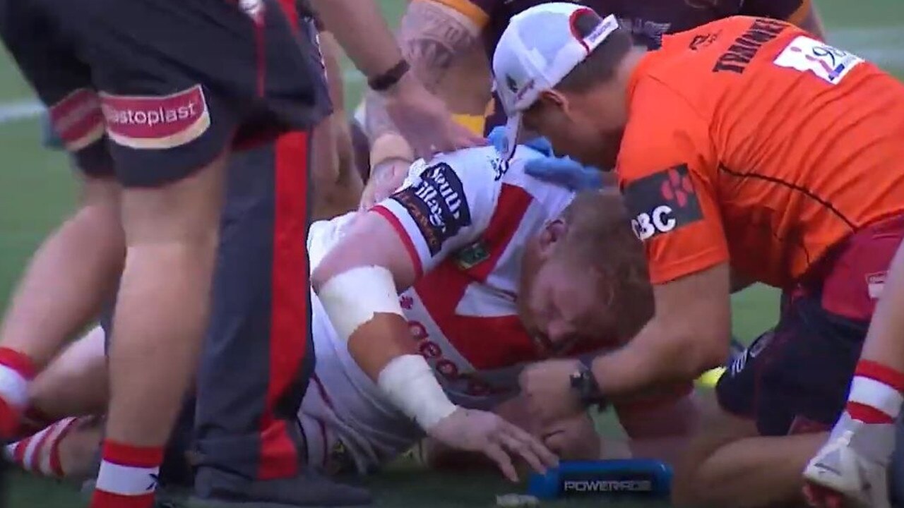 James Graham unable to stand up following a head clash.