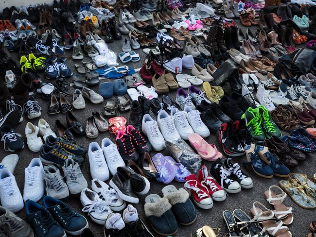 Donated shoes sit in the Westway Sports Centre near to the site of the Grenfell Tower fire. Picture: Jack Taylor/Getty Images